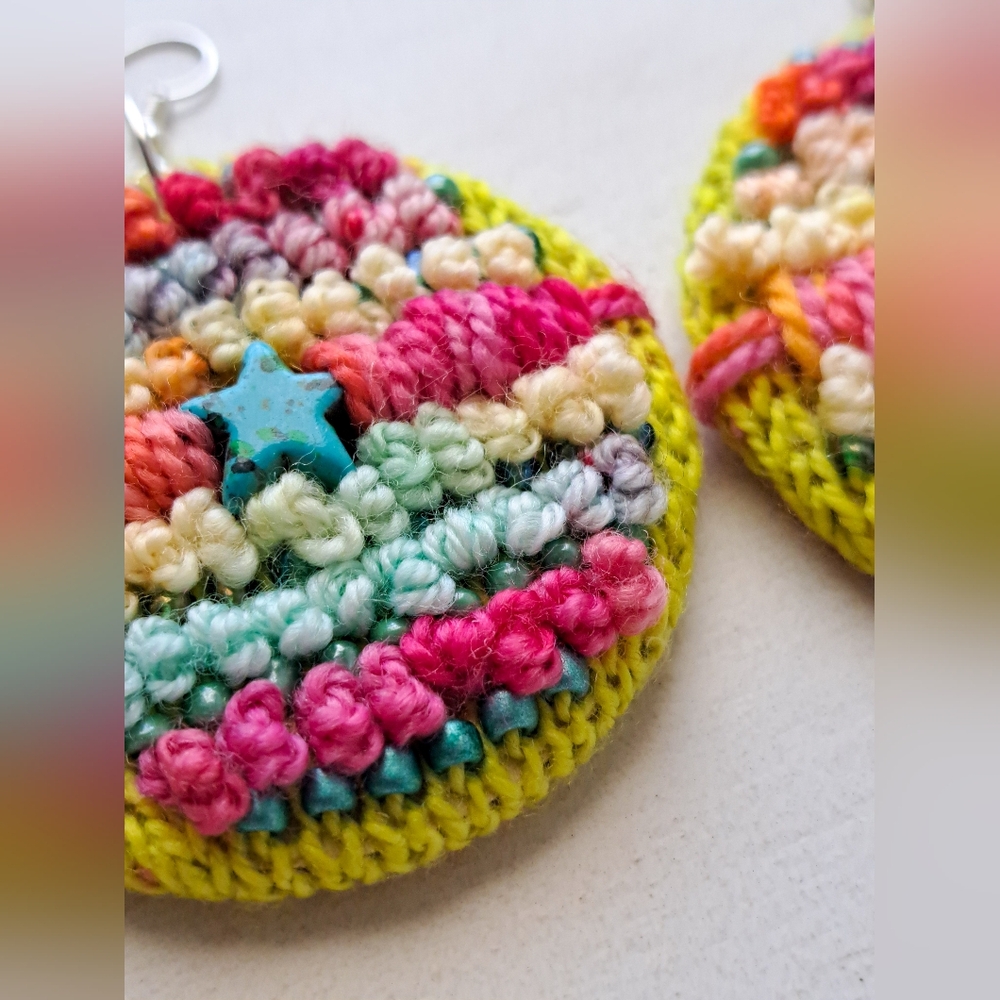 Hand Crafted Multicolor Crochet Round Earrings with Teal Star Accent - Picture 14 of 16